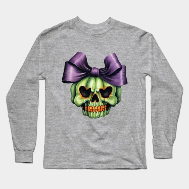 Cute Halloween green Skull with big bow Long Sleeve T-Shirt by LaartStudio